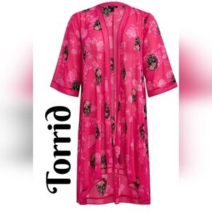Torrid Womens Kimono Sz 00=M 10 Pink With Flowered Skulls Open Front Hi Lo hem